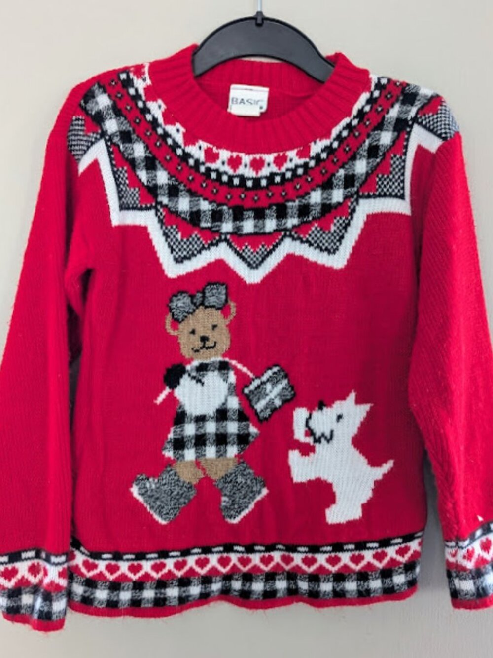 Vintage Basic Editions Girls Christmas Sweater Teddy Bear Scottie Dog Size XL